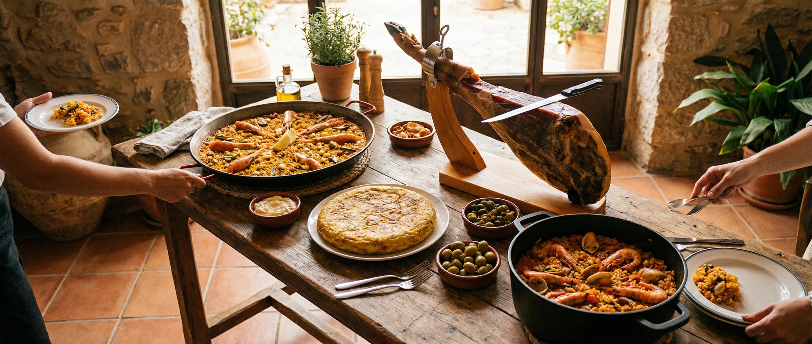 Spanska tapas, paella, skinka och lokala rätter serverade på restaurangbord i varm medelhavsmiljö