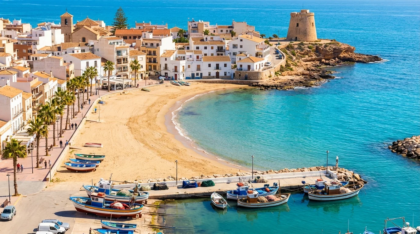 Sandstranden och fiskebåtar i Torre de la Horadada med Medelhavets turkosa vatten, södra Costa Blanca