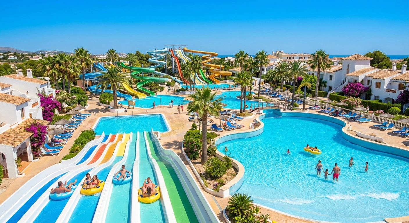 Familjer vid vattenpark på Costa Blanca med rutschkanor, pool och sommarsol