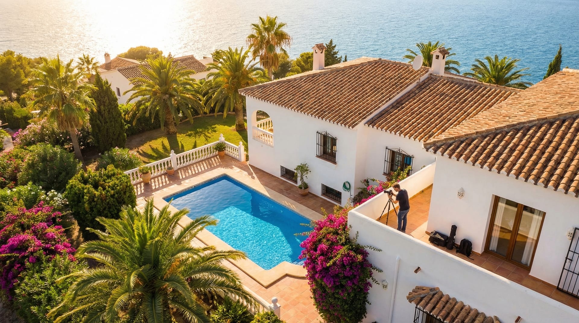 Flygvy av en lyxig spansk villa med pool och medelhavsutsikt